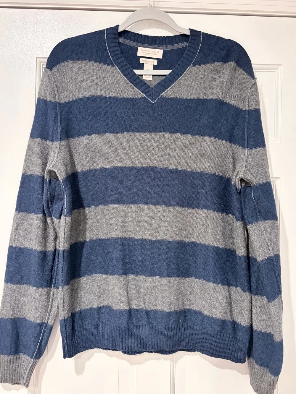 Banana Republic Navy and Gray Striped V-Neck Sweater